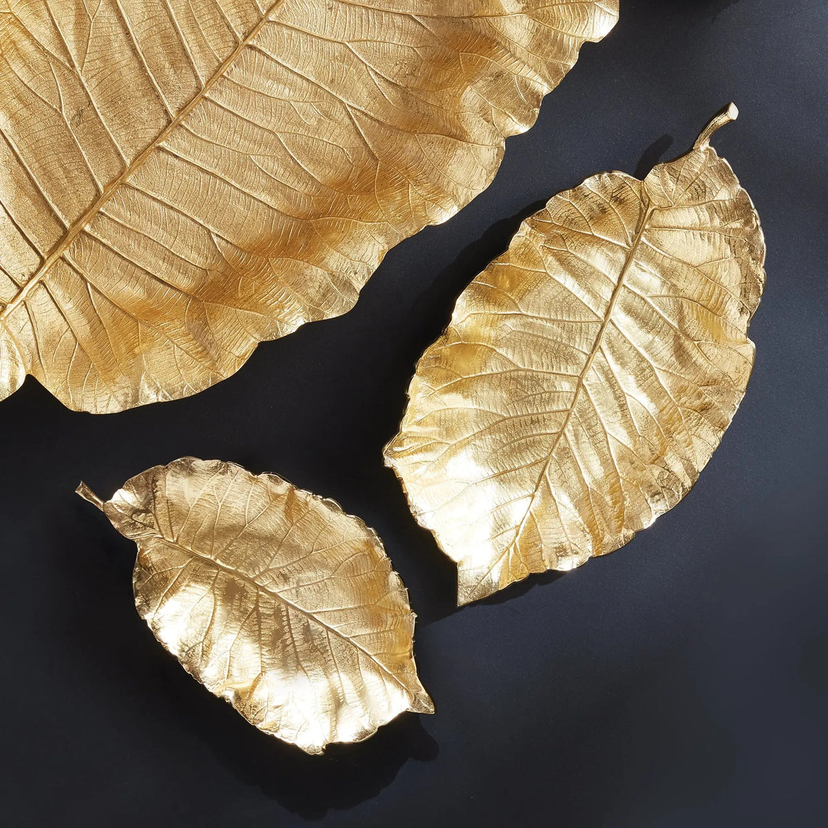 Alegra Gold Leaf Trays – Set of 2 Hand-Carved Aluminum Trays